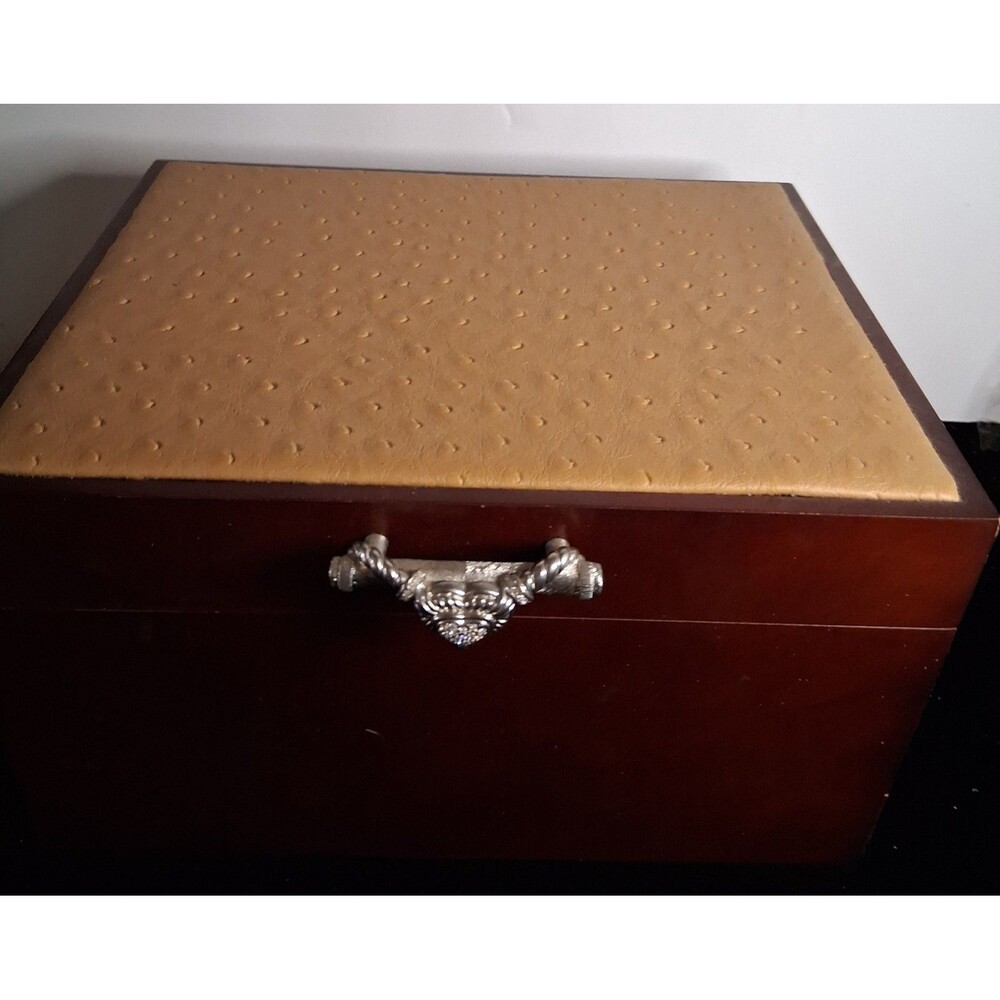 Vintage Judith Ripka Wooden Jewelry Box Faux Ostrich Leather Top 3  Levels